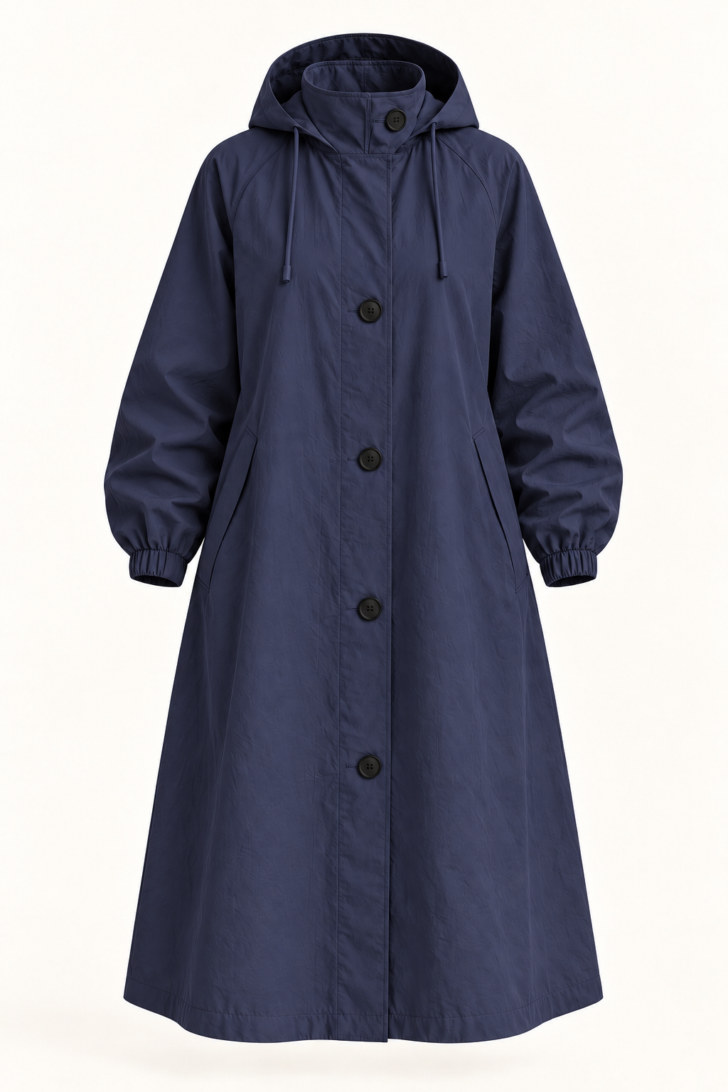 Harevi Women's Long Hooded Raincoat - Navy ghost mannequin
