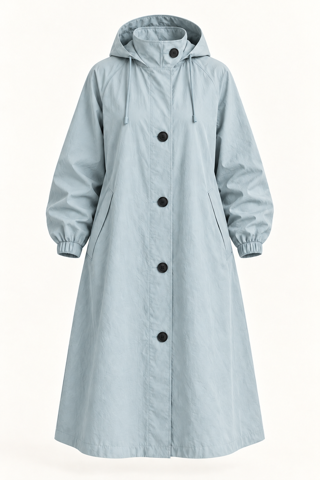 Harevi Women's Long Hooded Raincoat - Light Blue ghost mannequin