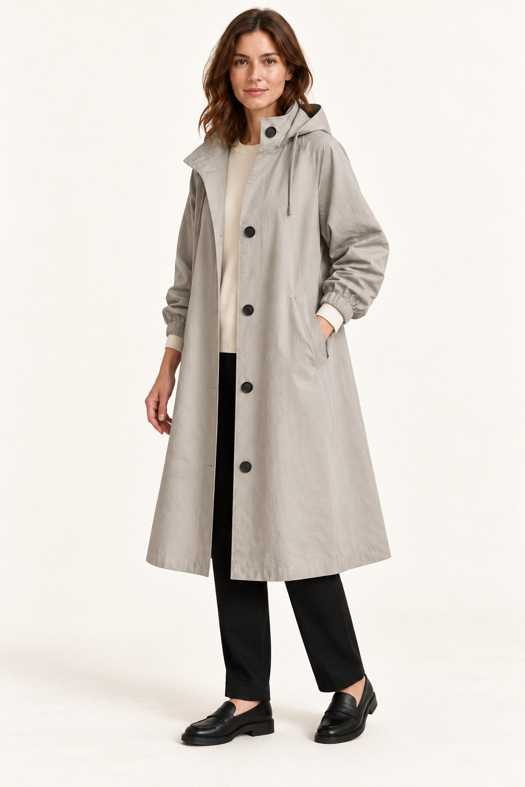 Harevi Women's Long Hooded Raincoat - Grey three-quarter