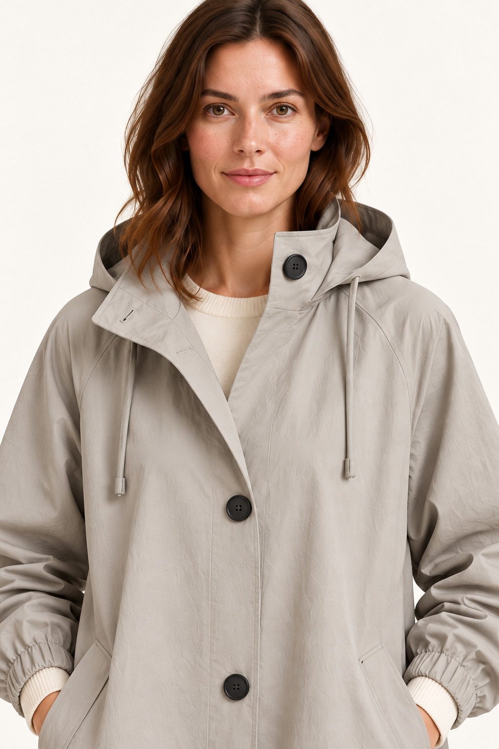 Harevi Women's Long Hooded Raincoat - Grey chest-up