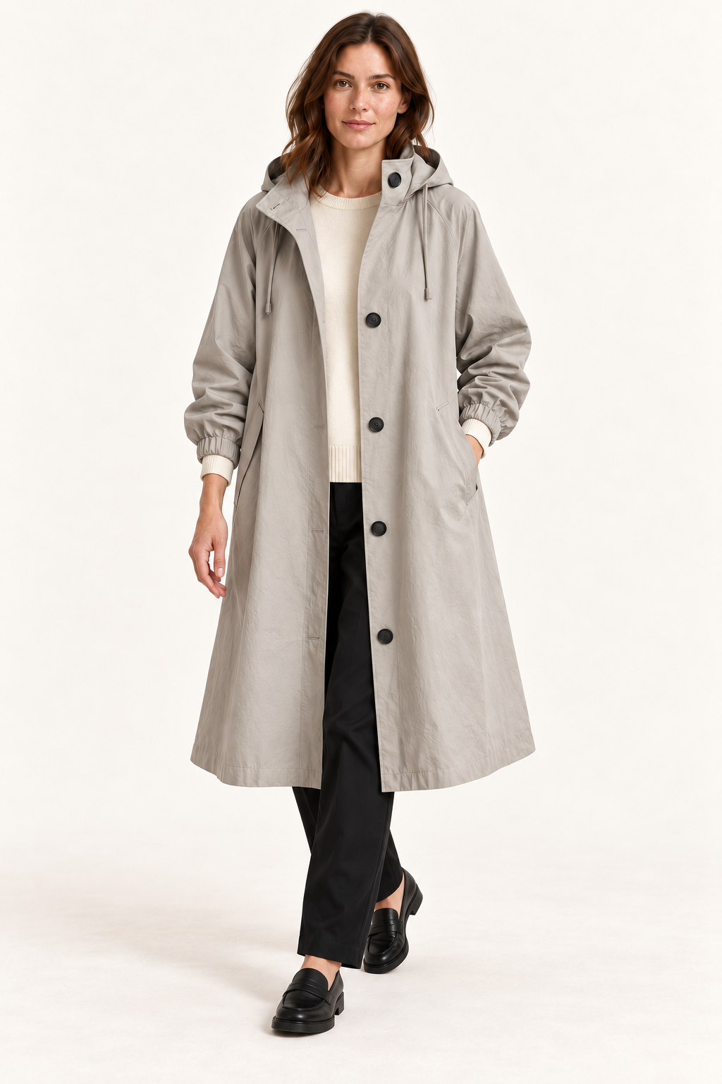 Harevi Women's Long Hooded Raincoat - Grey styling