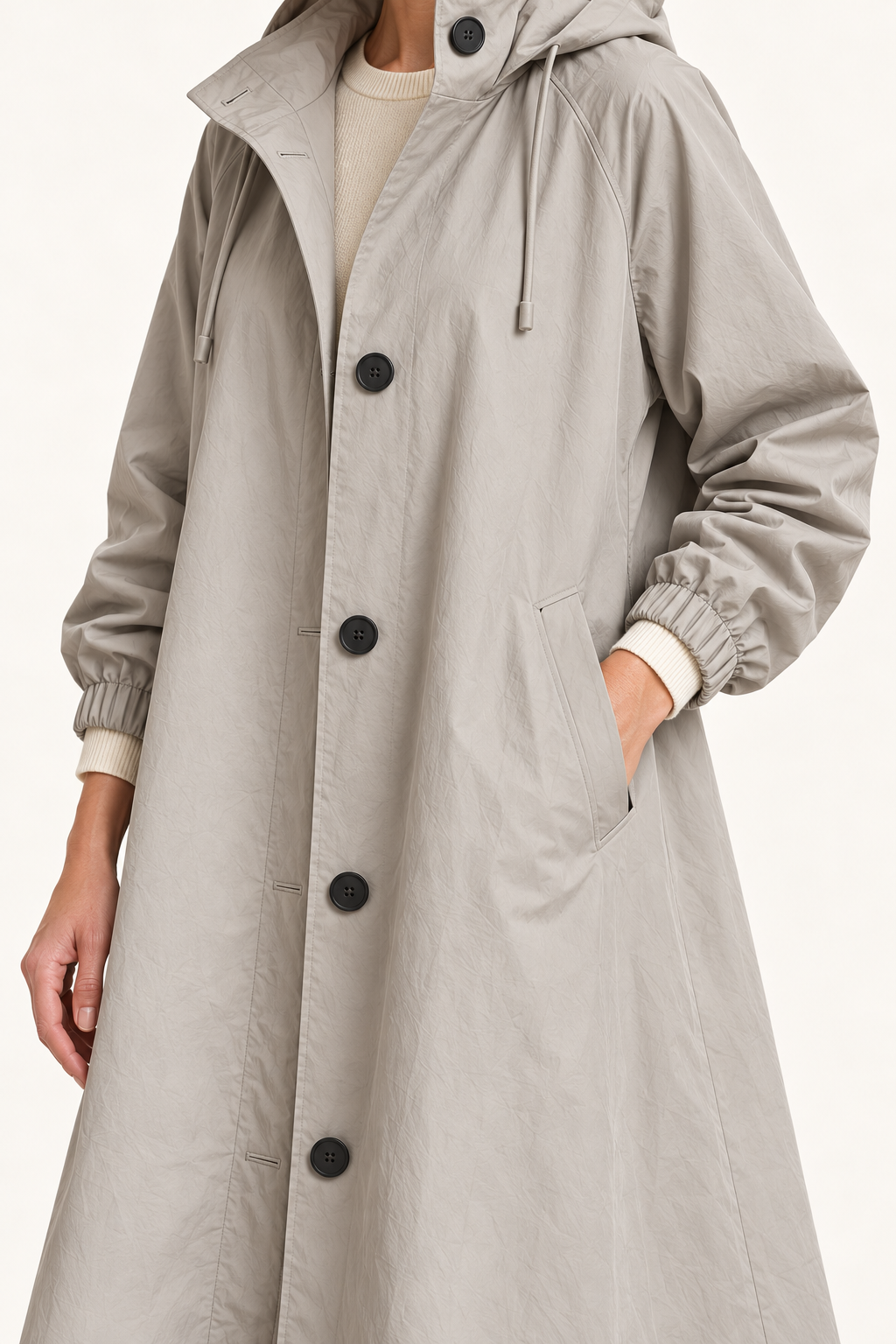 Harevi Women's Long Hooded Raincoat - Grey cuff and pocket detail