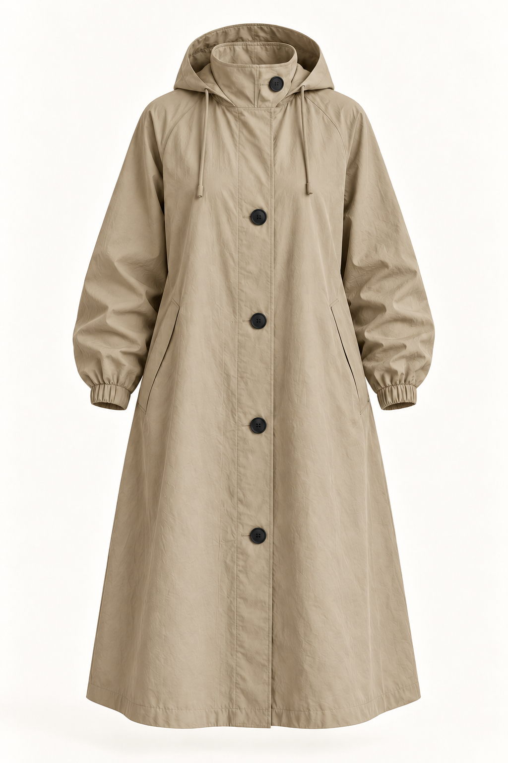 Harevi Women's Long Hooded Raincoat - Khaki ghost mannequin