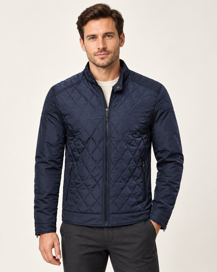 Harevi men's navy blue diamond quilted jacket, front view on model