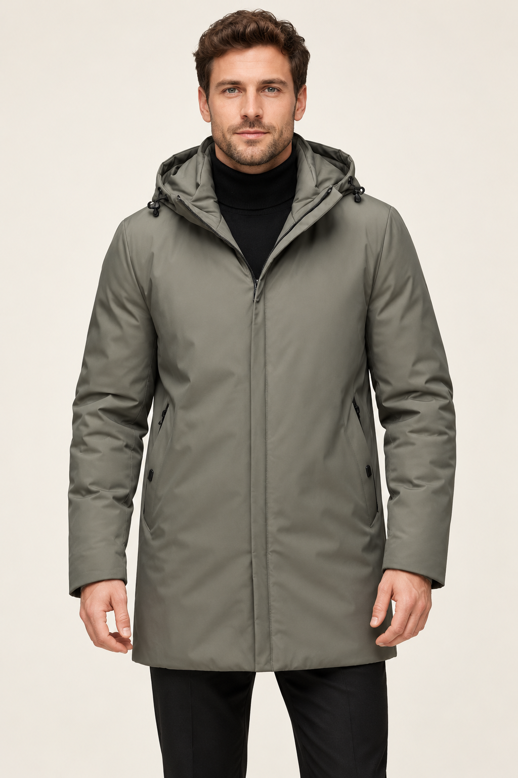 Harevi men's green hooded winter jacket - front on model