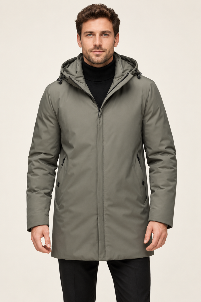 Harevi men's green hooded winter jacket - front on model