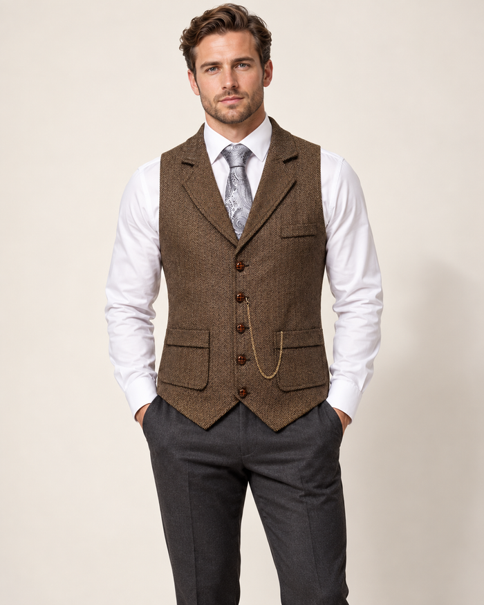 Men's Waistcoat - Herringbone Lapel Collar Chain Detail Regular Fit - Front on model