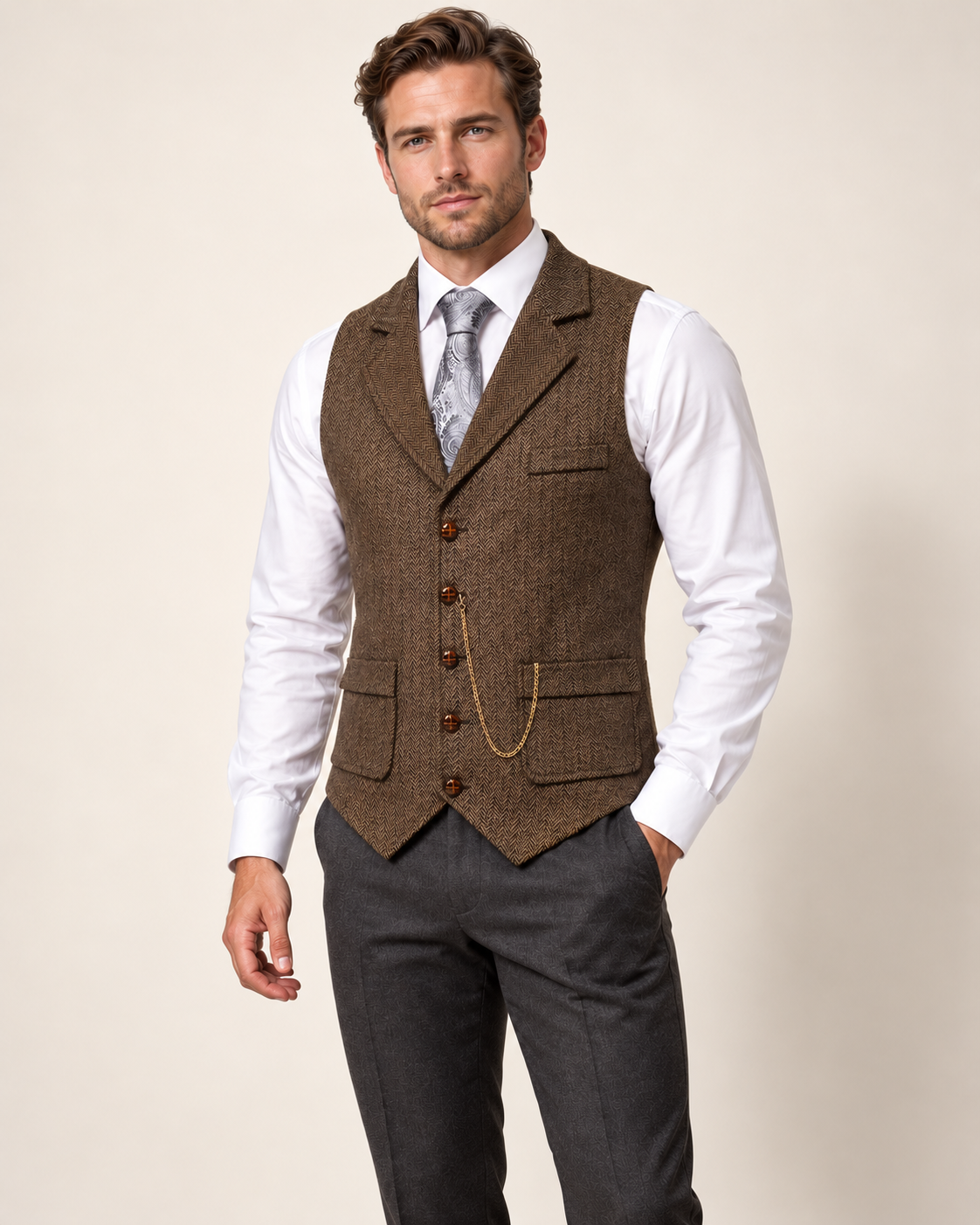 Men's Waistcoat - Herringbone Lapel Collar Chain Detail Regular Fit - Three-quarter
