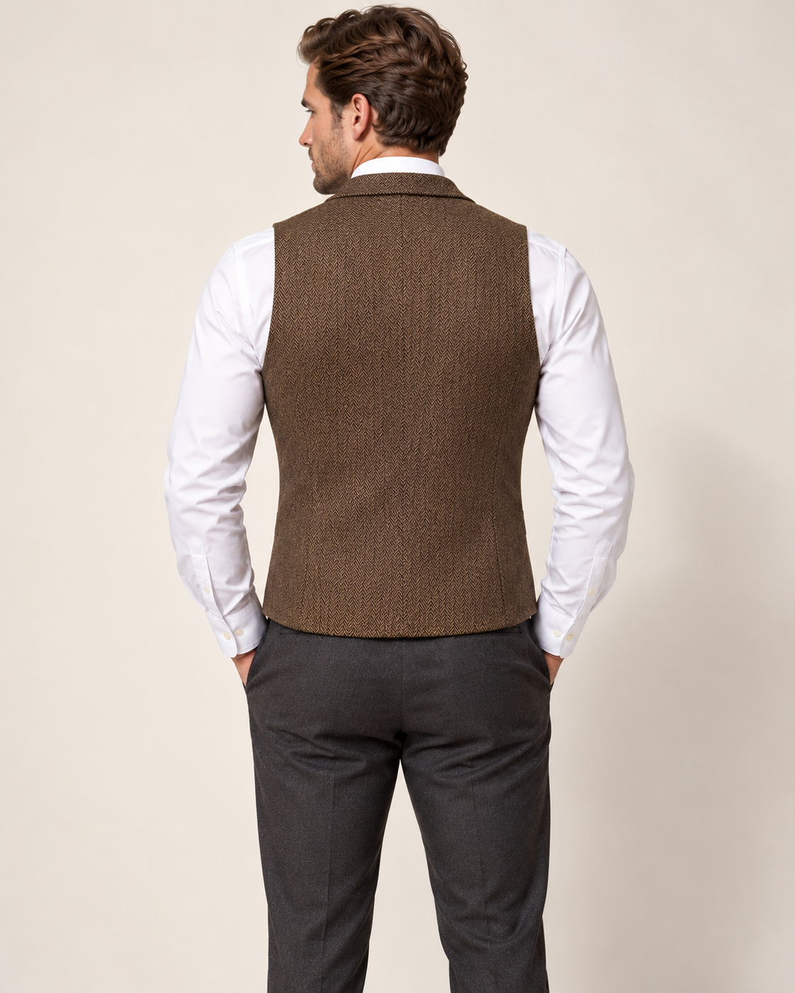 Men's Waistcoat - Herringbone Lapel Collar Chain Detail Regular Fit - Back on model