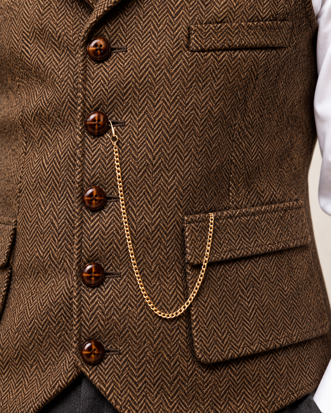 Men's Waistcoat - Herringbone Lapel Collar Chain Detail Regular Fit - Detail