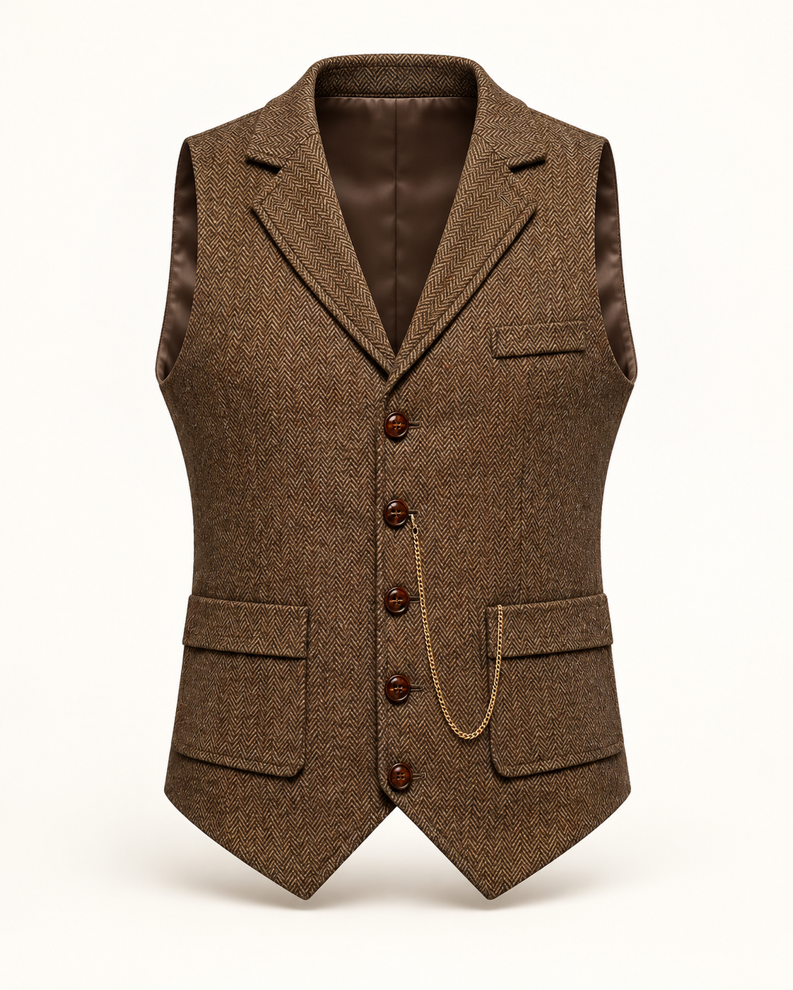 Men's Waistcoat - Herringbone Lapel Collar Chain Detail Regular Fit - Brown product only