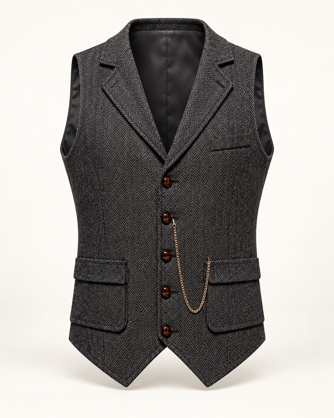 Men's Waistcoat - Herringbone Lapel Collar Chain Detail Regular Fit - Dark Grey product only