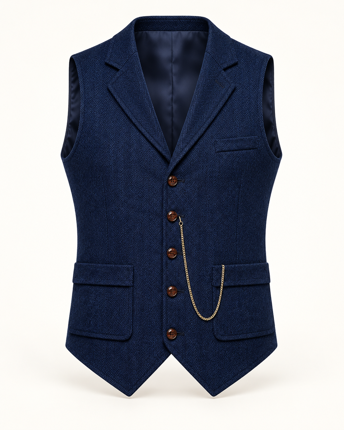 Men's Waistcoat - Herringbone Lapel Collar Chain Detail Regular Fit - Navy product only