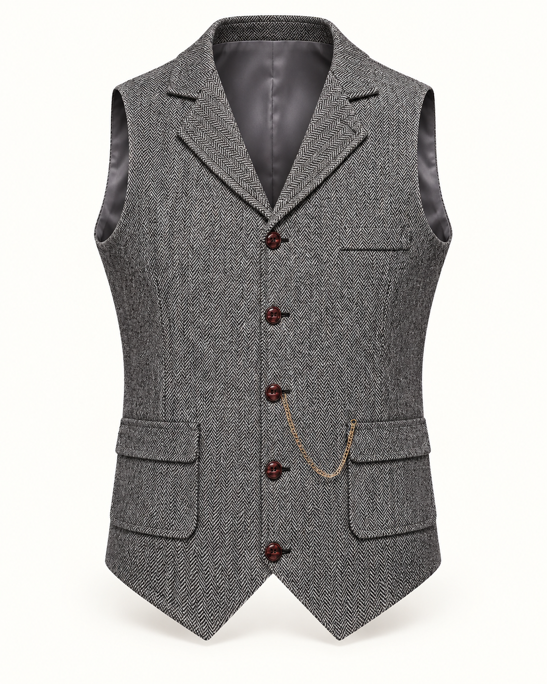 Men's Waistcoat - Herringbone Lapel Collar Chain Detail Regular Fit - Grey product only