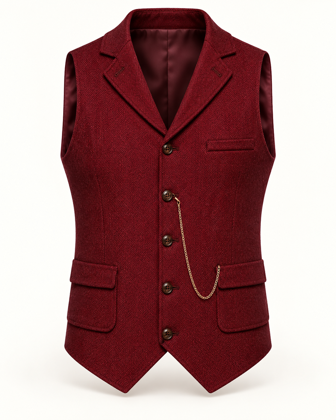 Men's Waistcoat - Herringbone Lapel Collar Chain Detail Regular Fit - Burgundy product only