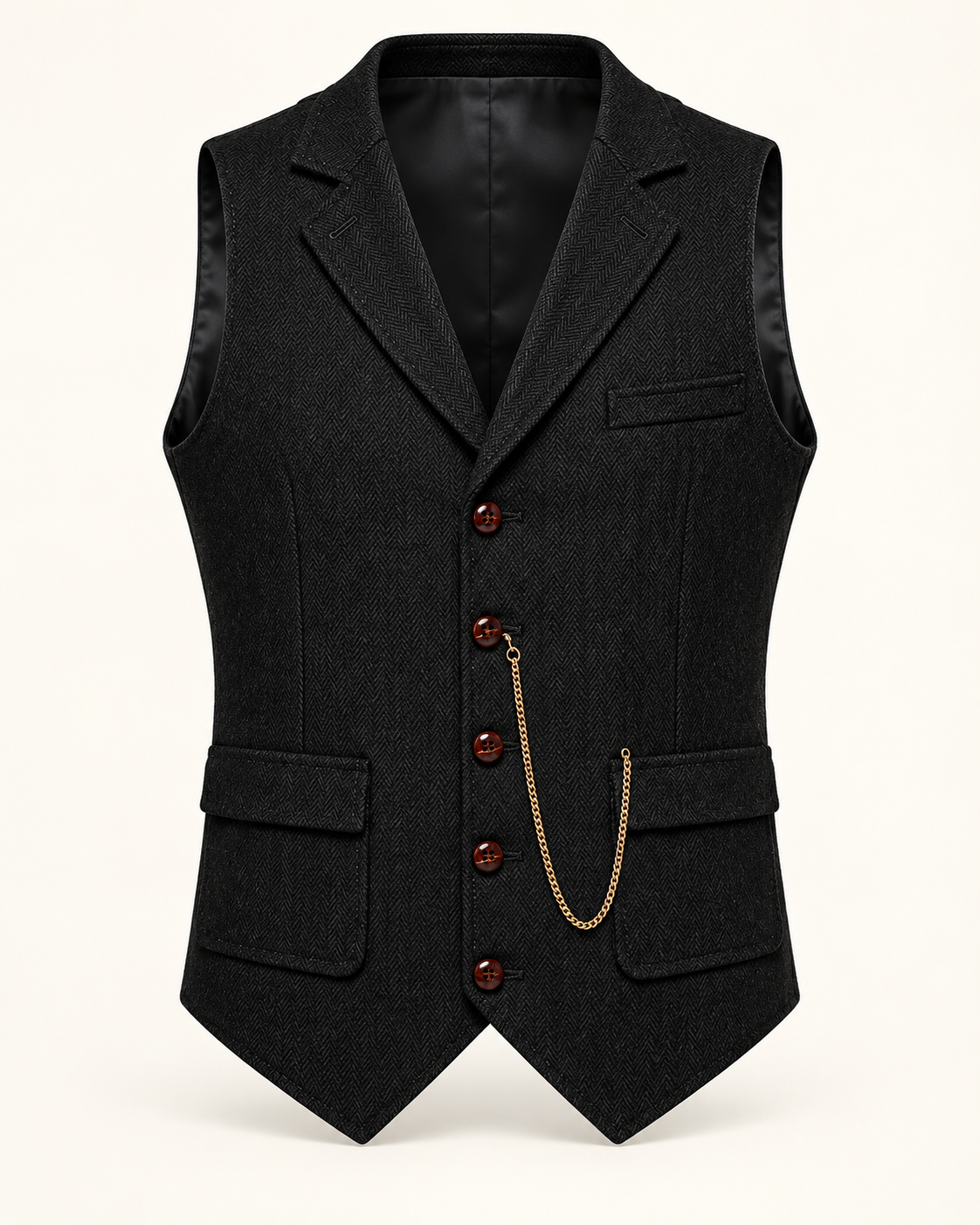 Men's Waistcoat - Herringbone Lapel Collar Chain Detail Regular Fit - Black product only