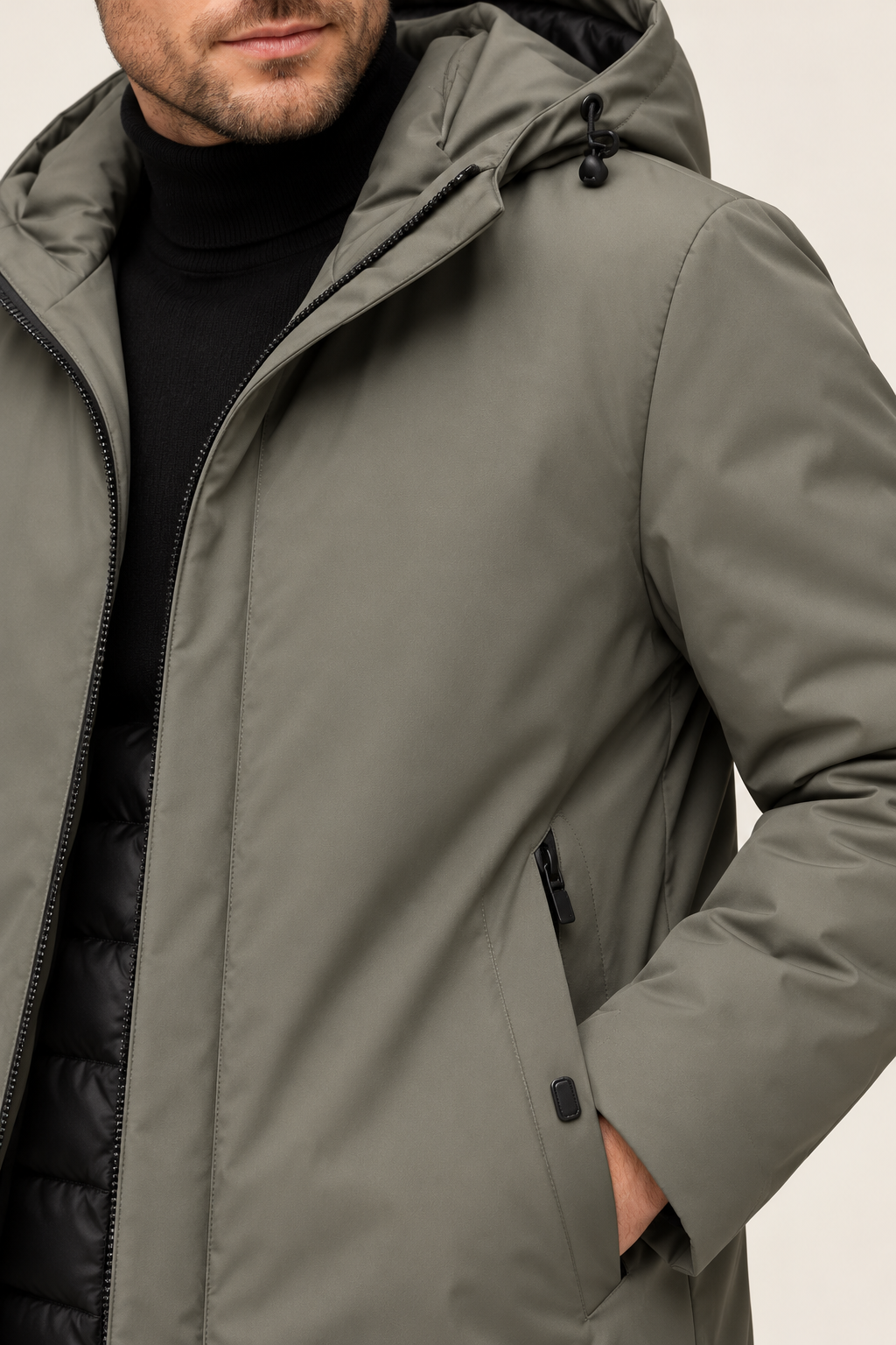 Men's Waterproof Jacket - Hooded Lined Winter Coat Regular Fit Zip - Detail