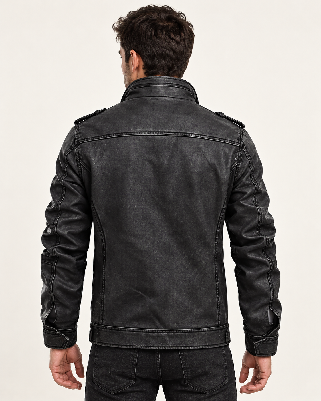 Harevi men's black zip jacket, model back