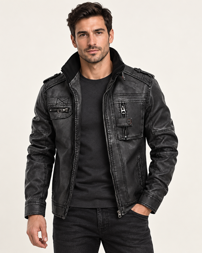 Harevi men's black zip jacket, model front