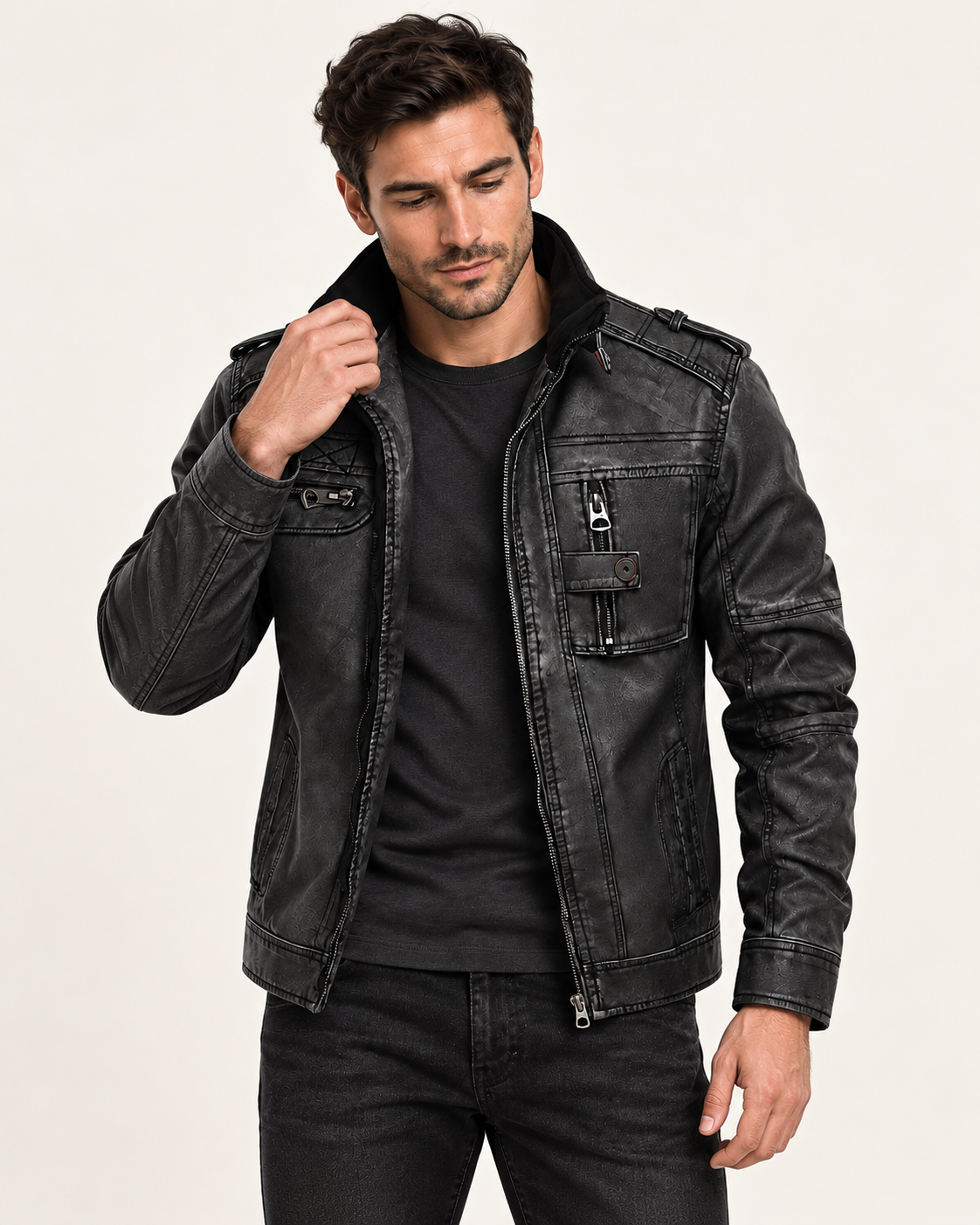 Harevi men's black zip jacket, model styling