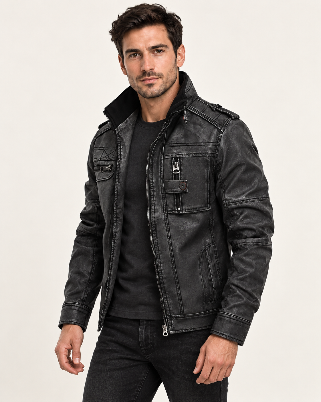 Harevi men's black zip jacket, model three quarter