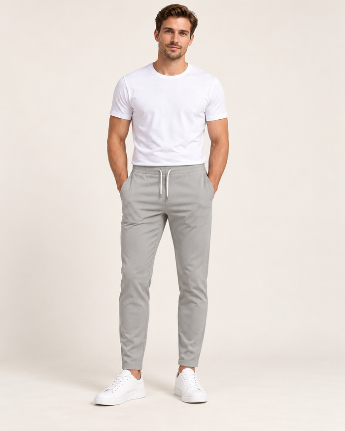 Men's Stretch Trousers - Slim Fit Drawstring Ankle Length Smart Casual - Front on model