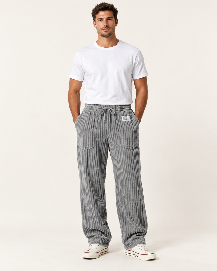 Men's Wide Leg Trousers - Drawstring Waist Textured Smart Casual - Front on model
