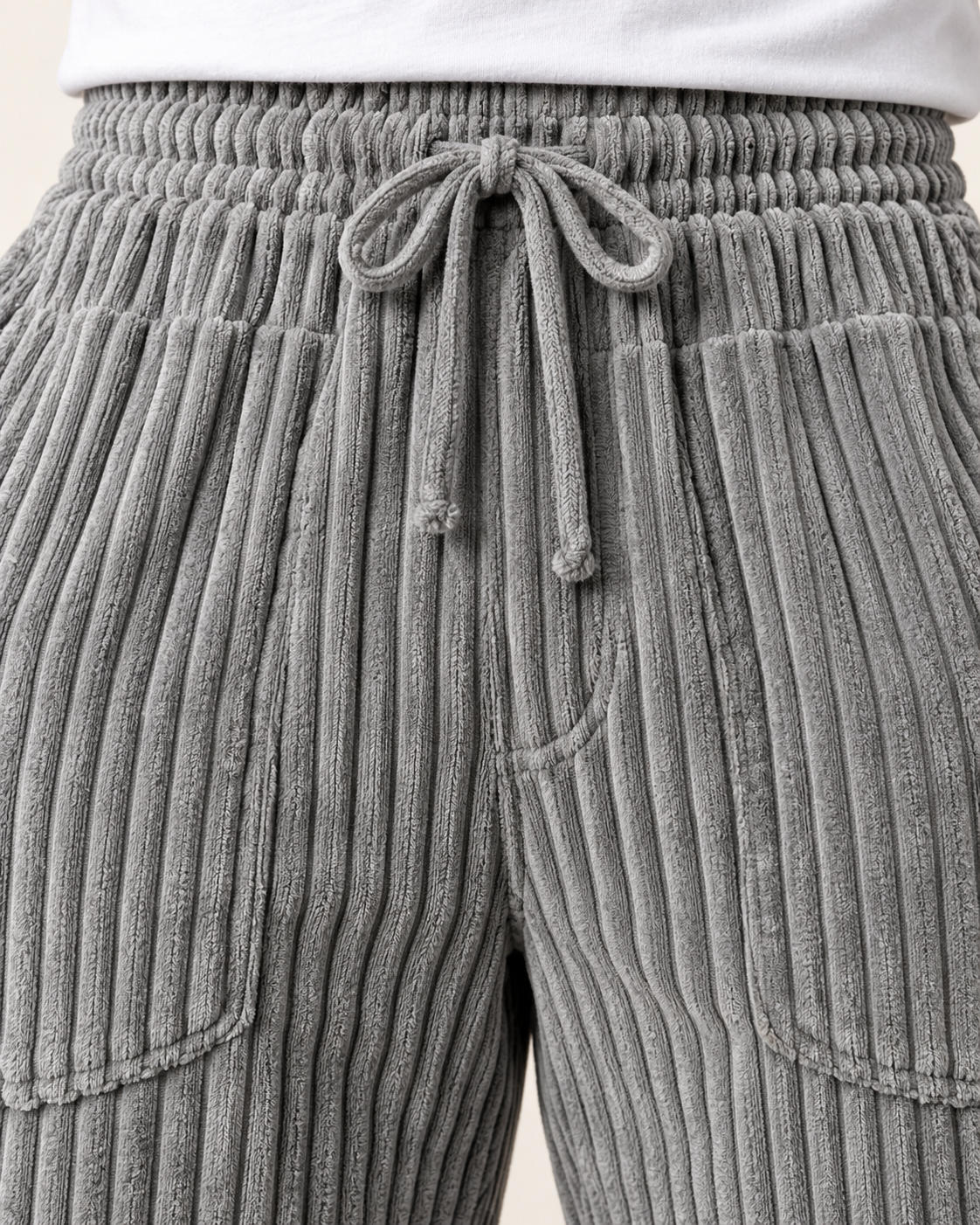 Men's Wide Leg Trousers - Drawstring Waist Textured Smart Casual - Detail