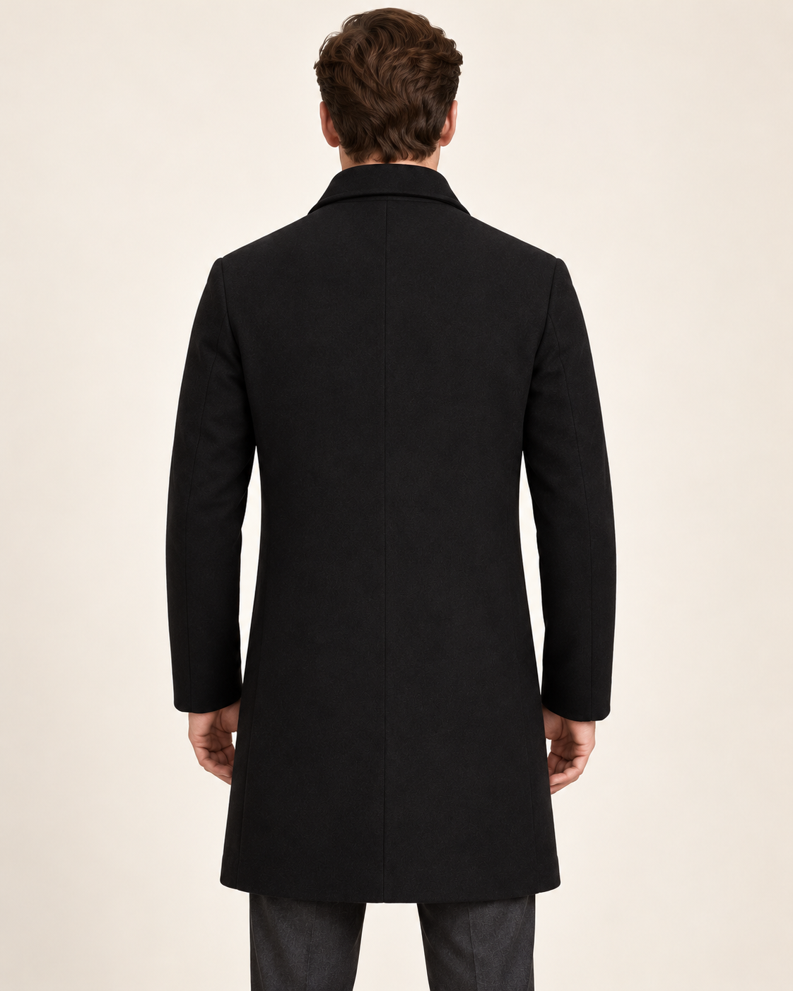 Harevi men's black wool blend coat, model back