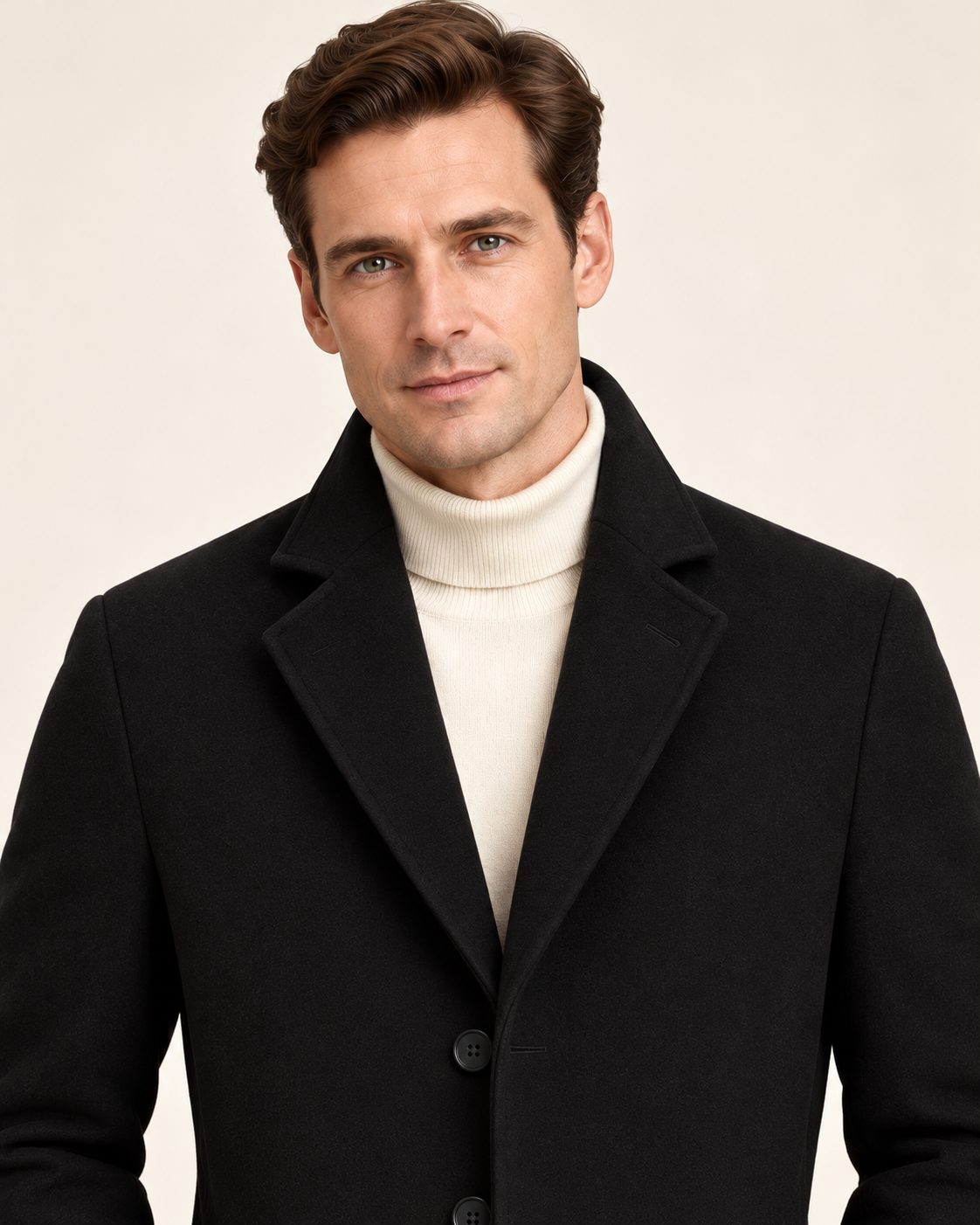Harevi men's black wool blend coat, model close up