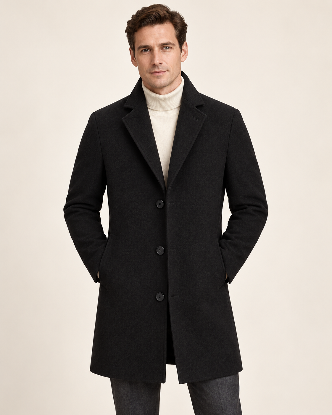 Harevi men's black wool blend coat, model front
