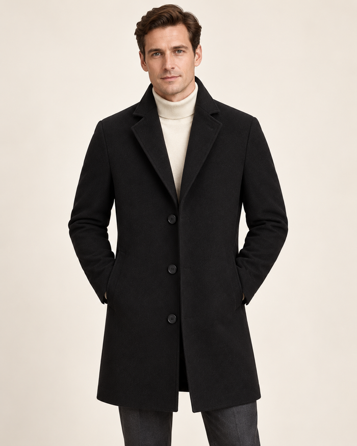 Harevi men's black wool blend coat, model front