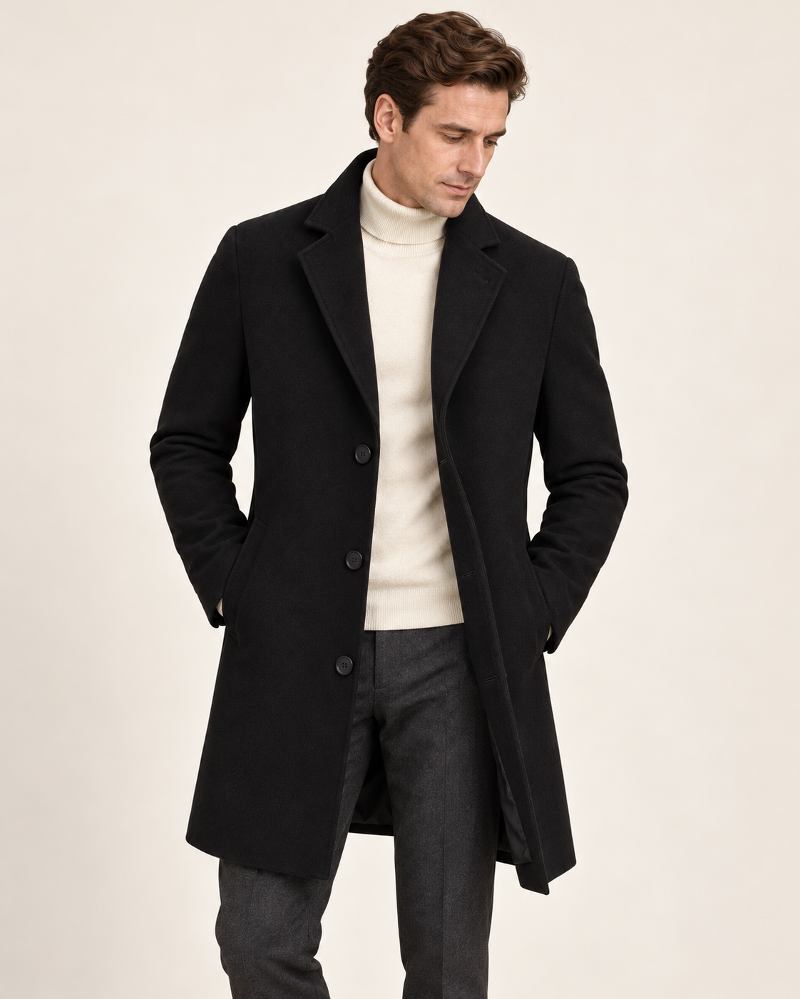 Harevi men's black wool blend coat, model styling