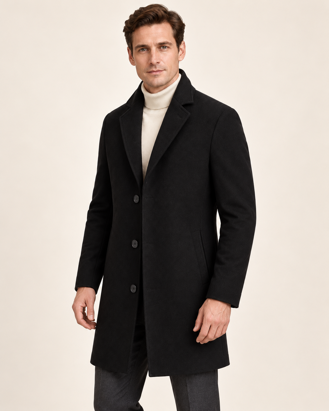 Harevi men's black wool blend coat, model three quarter