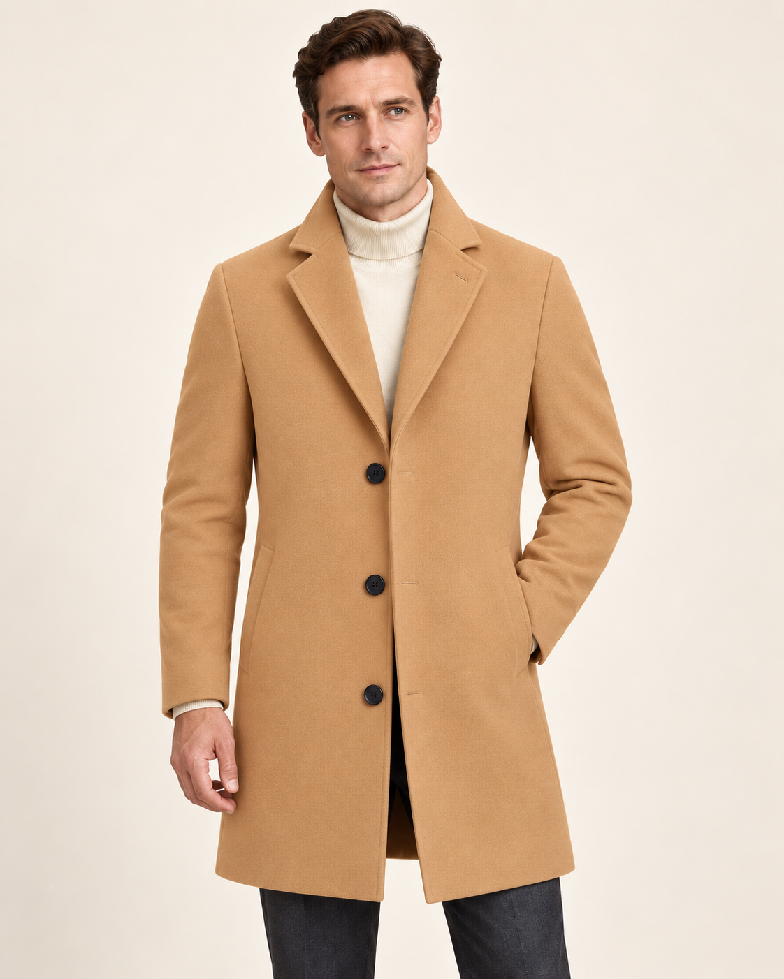 Harevi men's camel wool blend coat, model front