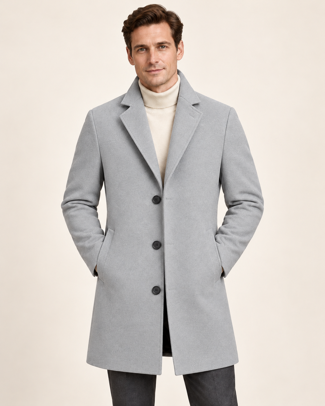 Harevi men's light grey wool blend coat, model front