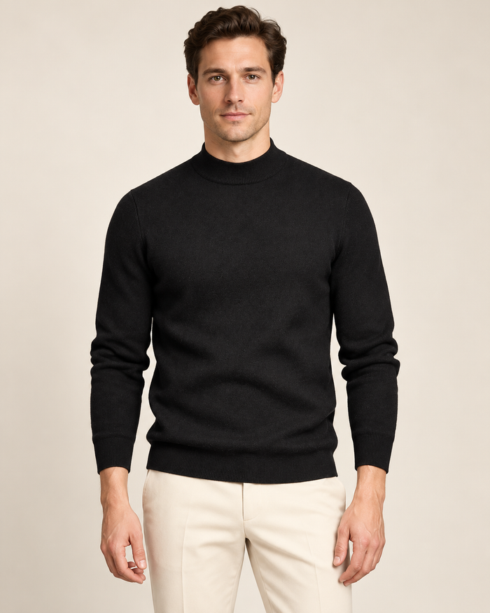 Men's mock neck knitted jumper in Black, front view on model