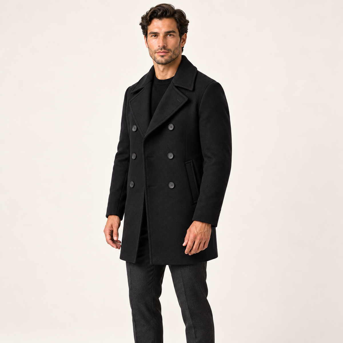 Harevi Men's Pea Coat - Three-quarter view on model