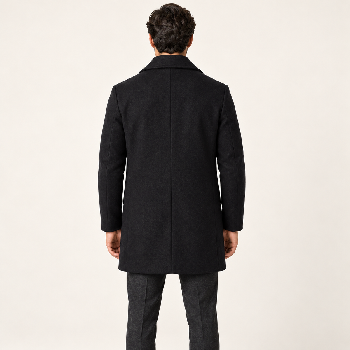 Harevi Men's Pea Coat - Back view on model - derived construction