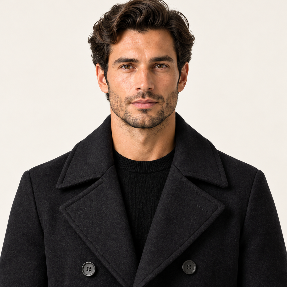Harevi Men's Pea Coat - Chest-up close-up on model
