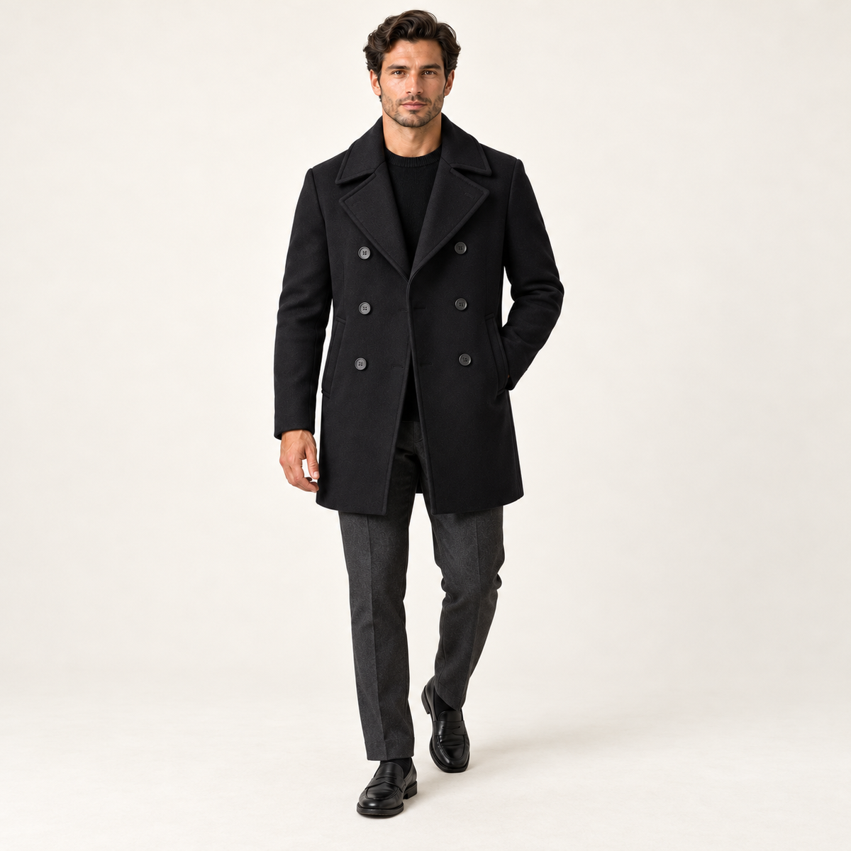 Harevi Men's Pea Coat - Full outfit styling on model
