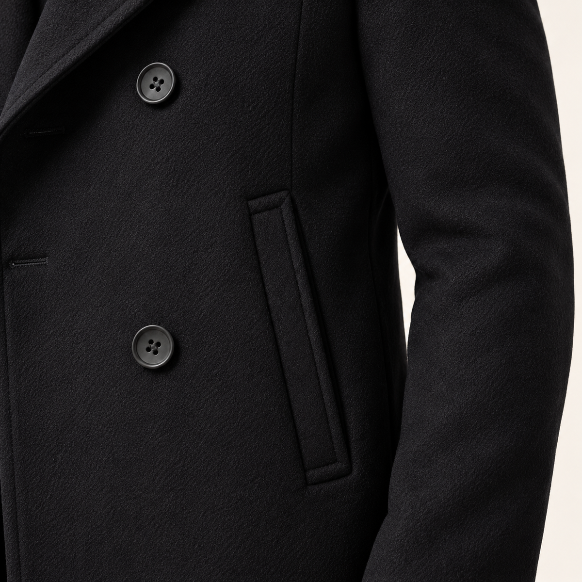 Harevi Men's Pea Coat - Fabric and welt pocket detail