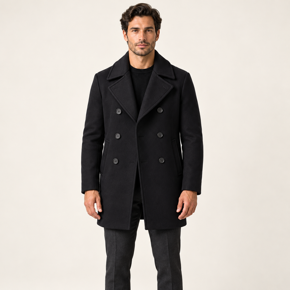 Harevi Men's Pea Coat - Front view on model