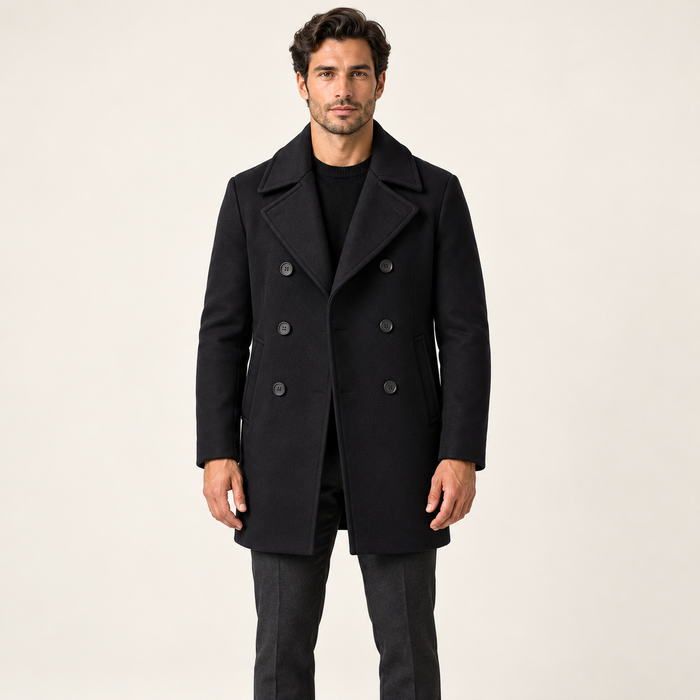 Harevi Men's Pea Coat - Front view on model