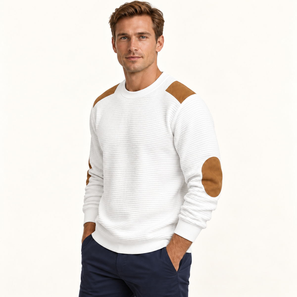 Harevi Men's Waffle Knit Jumper - White three-quarter