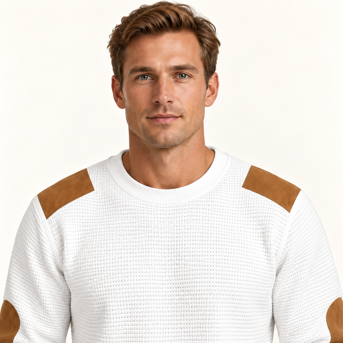 Harevi Men's Waffle Knit Jumper - White chest-up