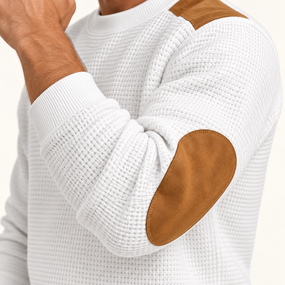 Harevi Men's Waffle Knit Jumper - White elbow detail