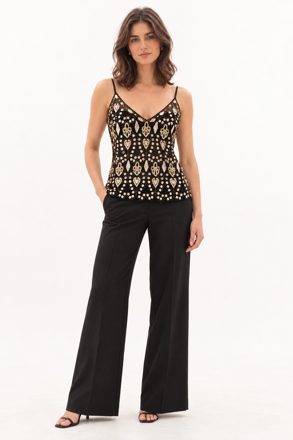 Harevi women's gold beaded sequin top - styling