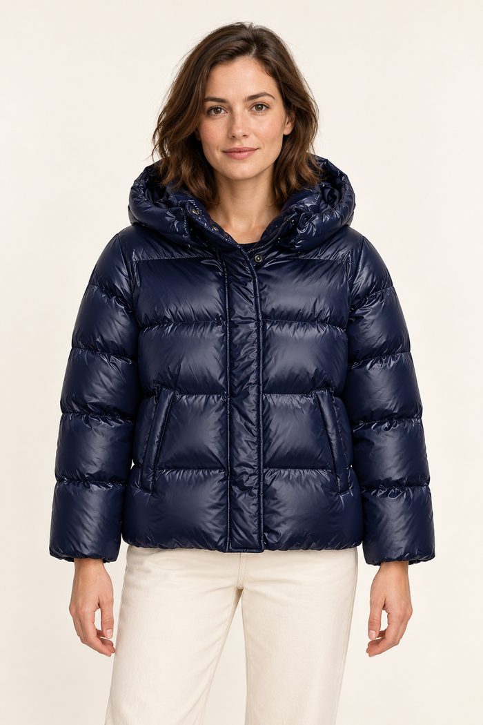 Harevi women's dark blue quilted jacket - front on model