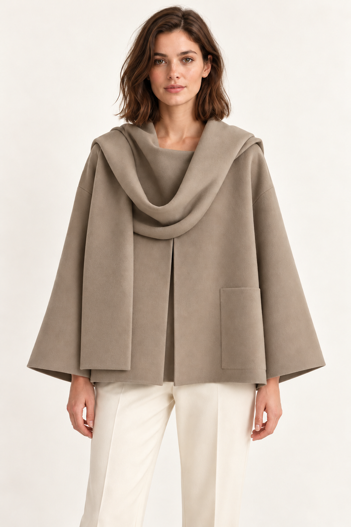 Harevi women's taupe scarf coat - front on model